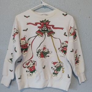 White Holiday Sweater with Santa and Bells Design